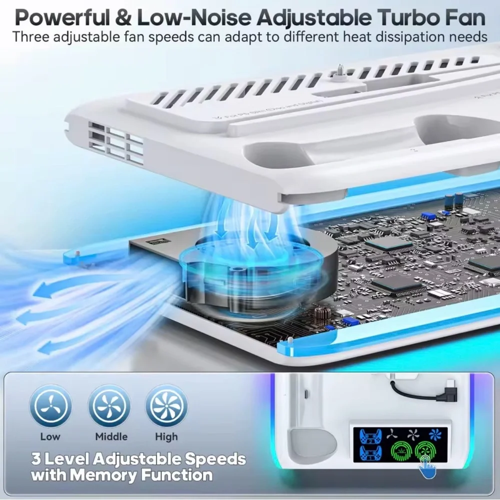PS5 Disc Digital Slim/pro Stand Cooling Stand Dual Controller Charge Station Led